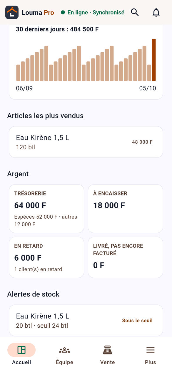 L’application Android de Louma Pro : ventes des 30 derniers jours, argent et alertes de stock