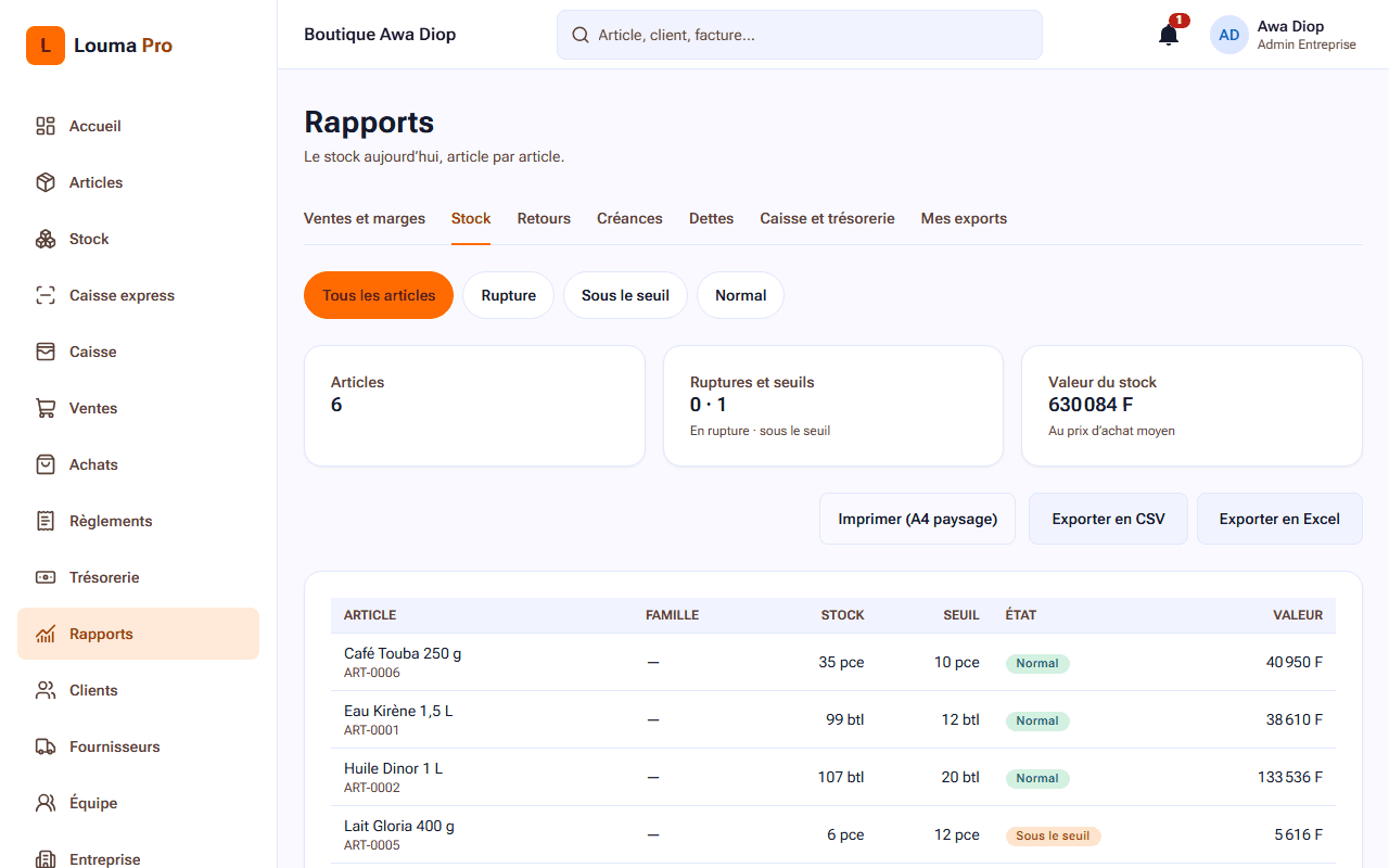 Rapport de stock de Louma Pro par article