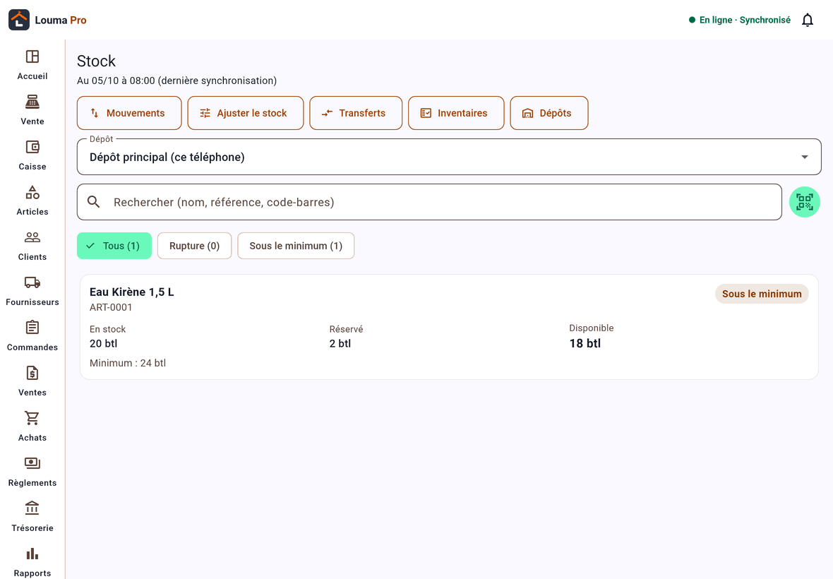 L’application Louma Pro sur une tablette : le stock du dépôt et ses filtres
