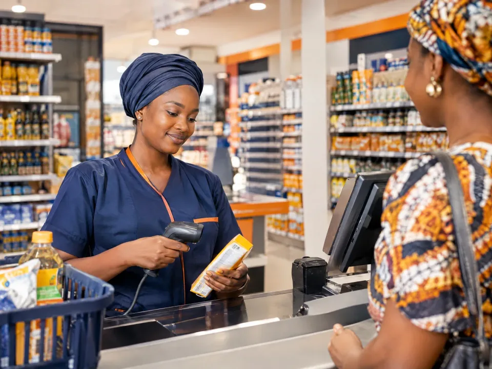 Une caissière de supermarché passe un article au lecteur de codes-barres